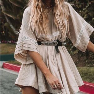 Boho Gypsy Tunic Boxy Mini Dress Taupe Cream Lace
